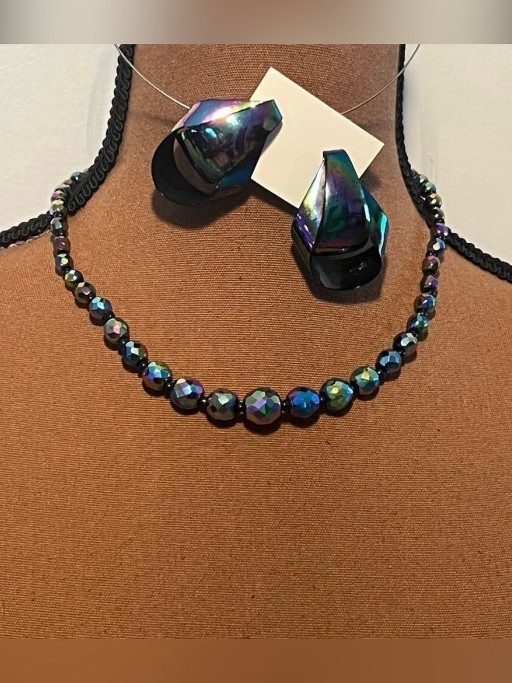 Vintage Carnival Peacock Beaded Choker Fit Necklace Matching Oil Spill Earrings